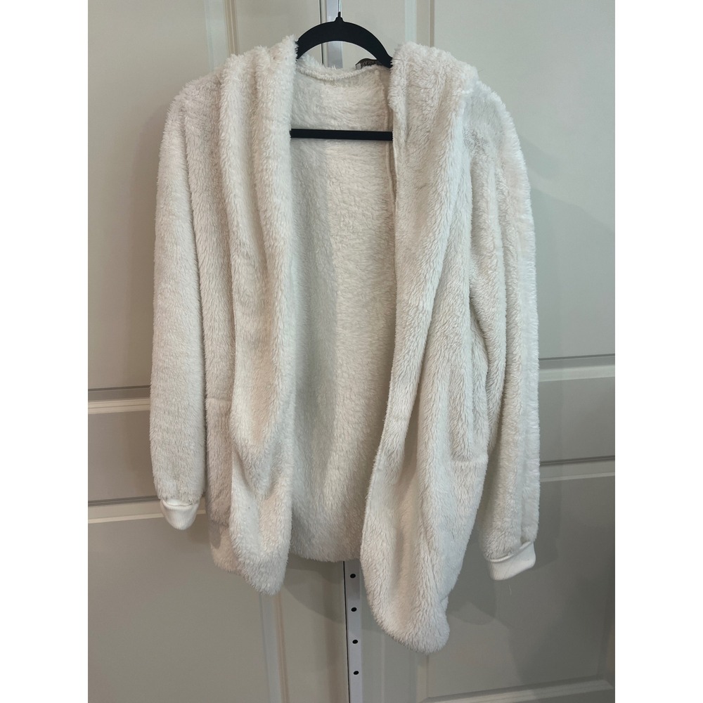 NWOT Zenana White Hooded Open Front Cardigan Teddy Fleece Jacket Women Large